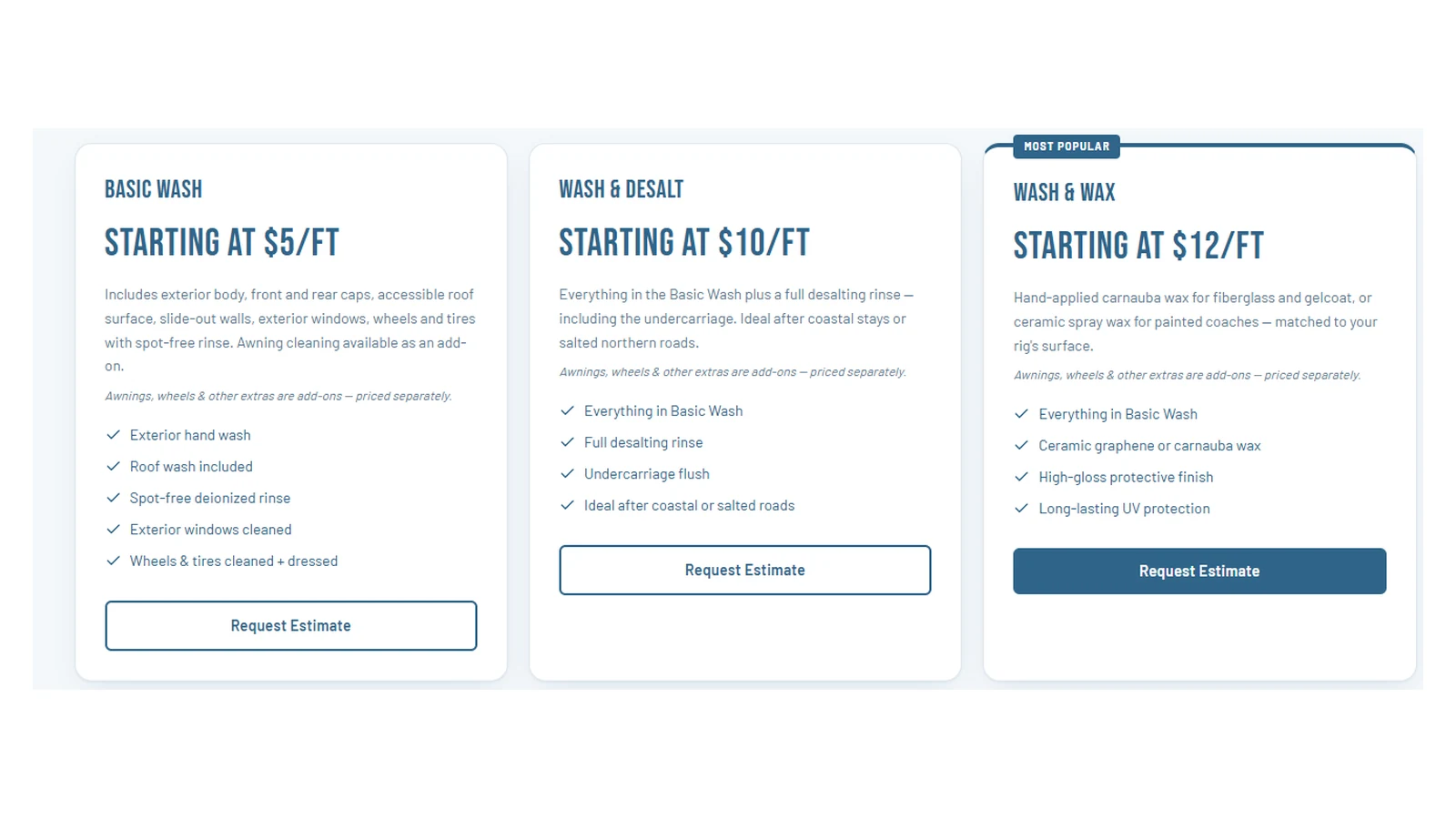 CamperKleen pricing page after the rebuild — clear package cards with starting prices and estimate buttons.
